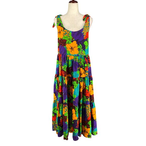 Vtg 80s 90s Two Potato Aloha Floral Midi Tiered Tie Shoulder Dress M Resort Wear - Picture 1 of 16